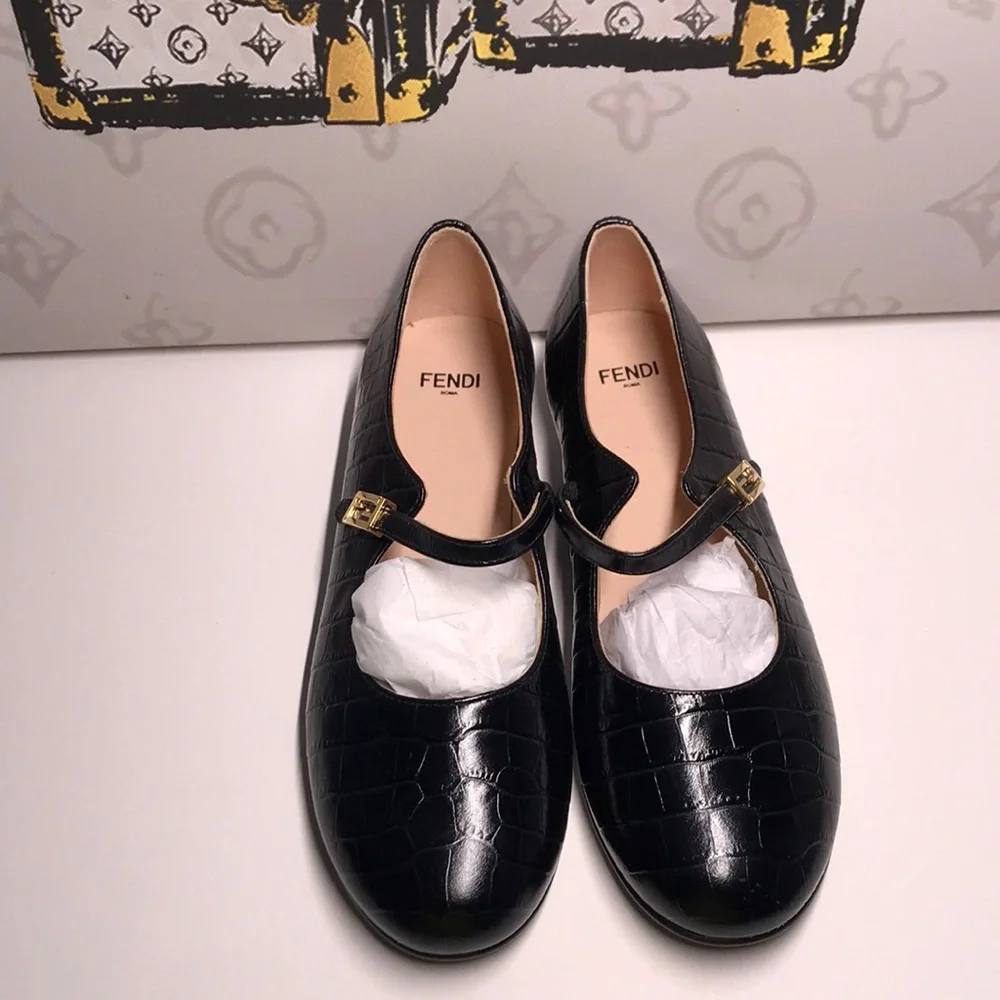 New Authentic FENDI Kids Croc-Embossed Leather Mary Jane Shoes Size: 36